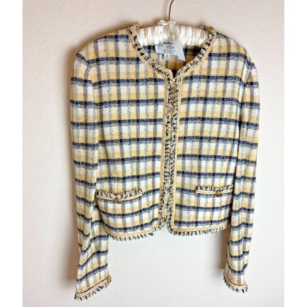 St. John Collection Womens Boucle Blazer Jacket Yellow Black Plaid Size 12